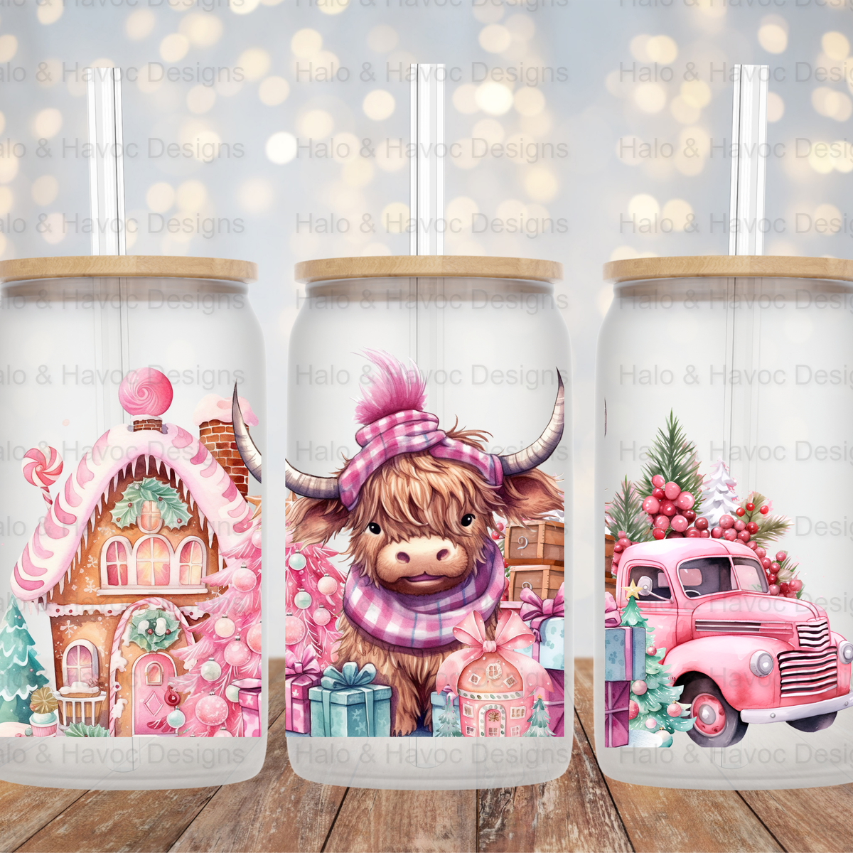 Highland Pink Cow and Truck 16 OZ UV DTF wrap