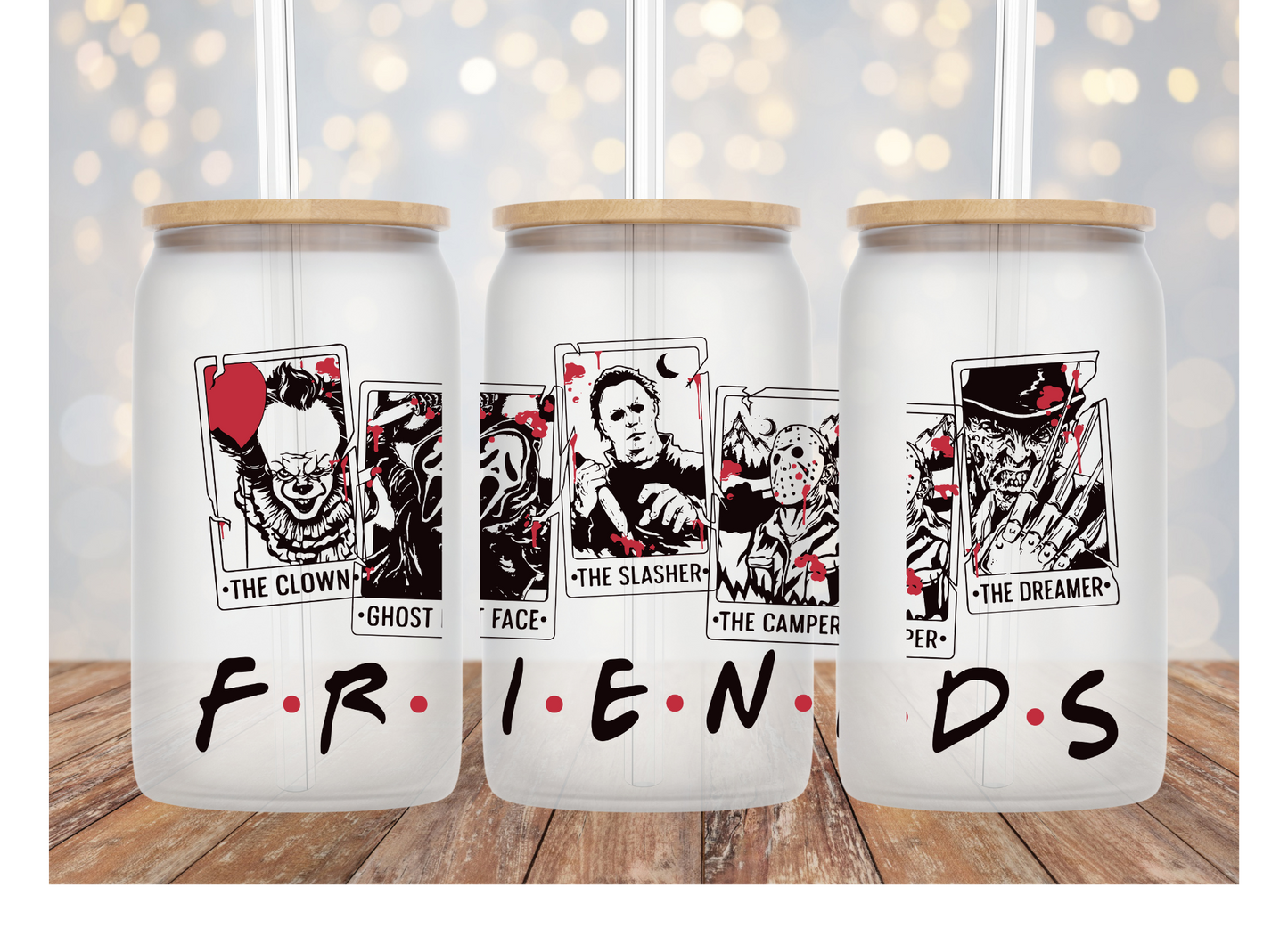 Halloween Friends Cards 16 OZ Libby Cup UV DTF wrap